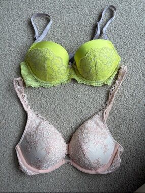 Victoria's Secret Neon Yellow and Light Pink Lace Push-Up Bra Set